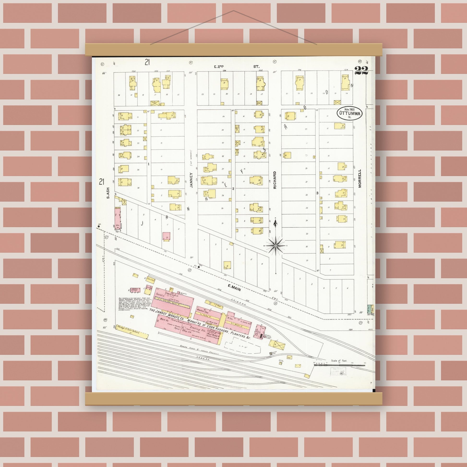 Old map wall art mockup — magnetic wood frame on brick wall — Sanborn Fire Insurance Map from Ottumwa, Wapello County, Iowa (1902), Sheet #0022