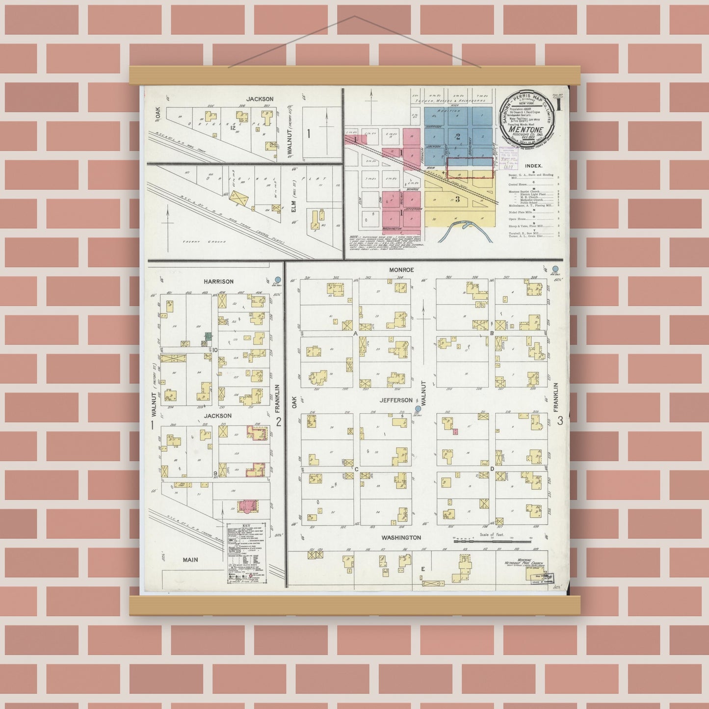 Old map wall art mockup — magnetic wood frame on brick wall — Sanborn Fire Insurance Map from Mentone, Kosciusko County, Indiana (1901) - Complete Map Set