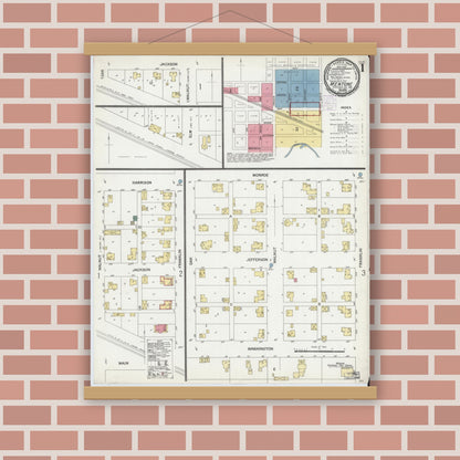Old map wall art mockup — magnetic wood frame on brick wall — Sanborn Fire Insurance Map from Mentone, Kosciusko County, Indiana (1901) - Complete Map Set