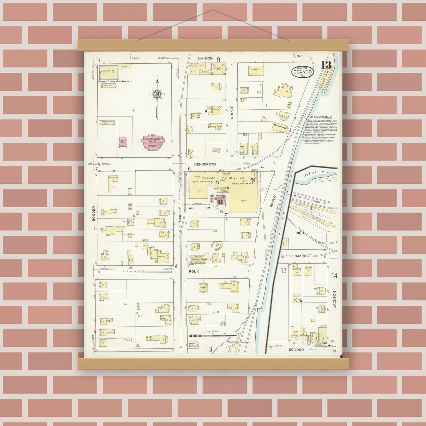 Old map wall art mockup — magnetic wood frame on brick wall — Sanborn Fire Insurance Map from Orange, Orange County, Texas (1914), Sheet #0013
