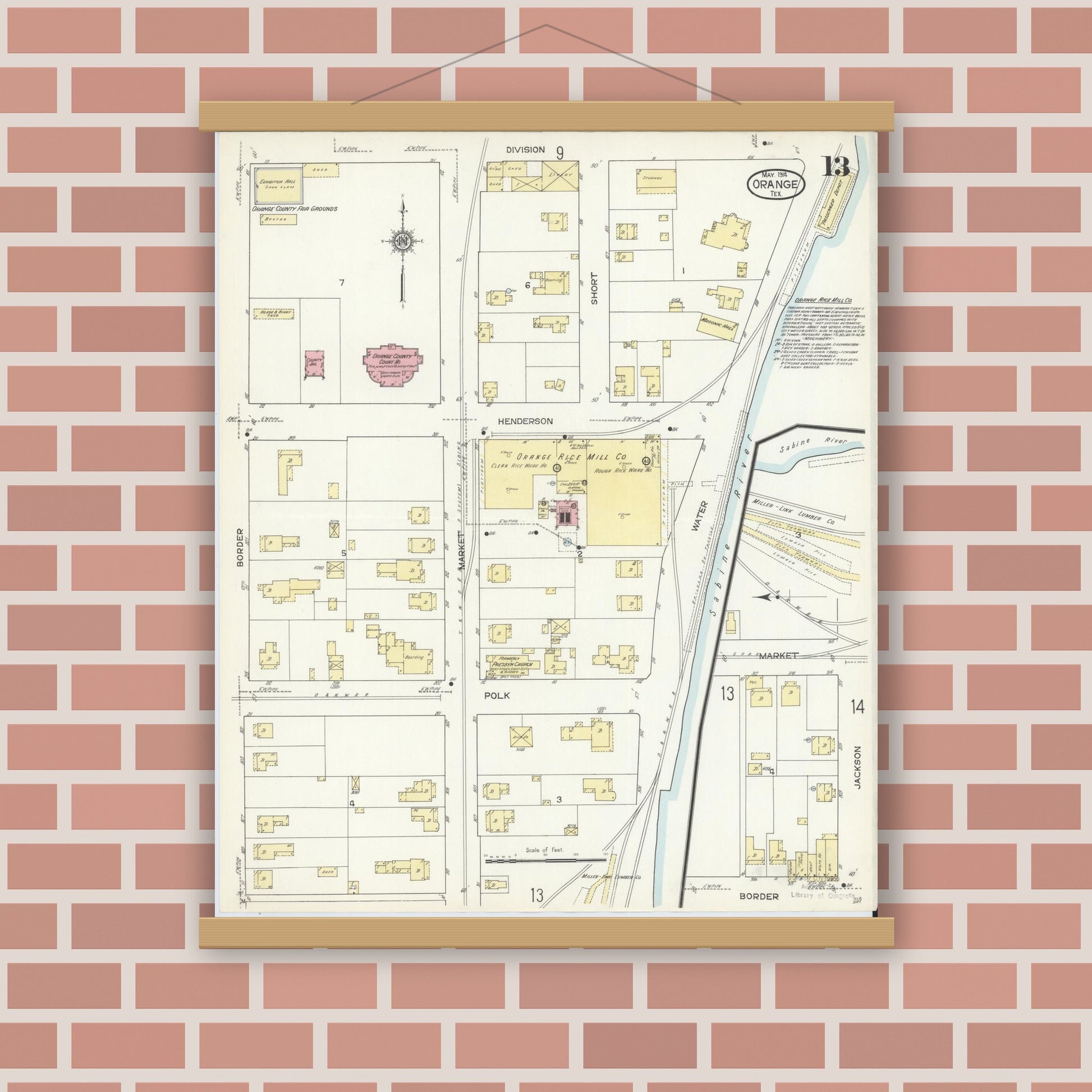 Old map wall art mockup — magnetic wood frame on brick wall — Sanborn Fire Insurance Map from Orange, Orange County, Texas (1914), Sheet #0013
