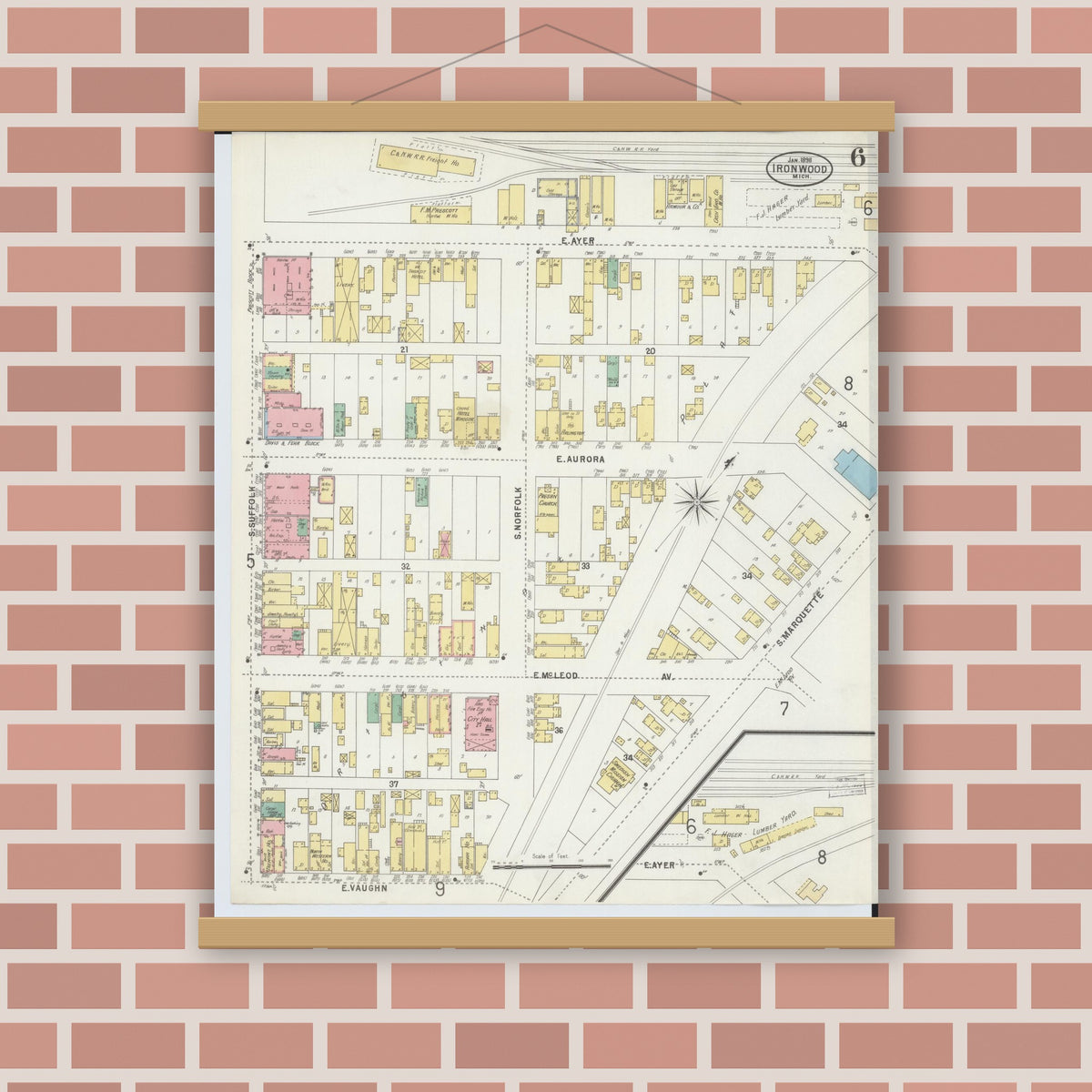 Old map wall art mockup — magnetic wood frame on brick wall — Sanborn Fire Insurance Map from Ironwood, Gogebic County, Michigan (1898), Sheet #0006