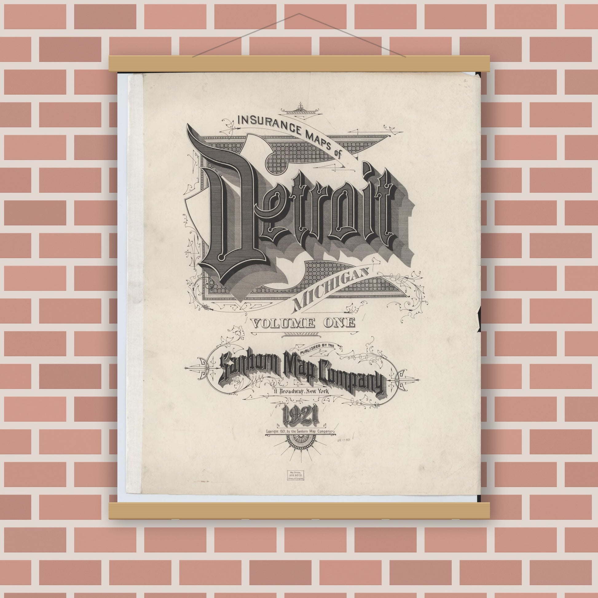Old map wall art mockup — magnetic wood frame on brick wall — Sanborn Fire Insurance Map from Detroit, Wayne County, Michigan (1921), Sheet #0001