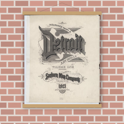 Old map wall art mockup — magnetic wood frame on brick wall — Sanborn Fire Insurance Map from Detroit, Wayne County, Michigan (1921), Sheet #0001
