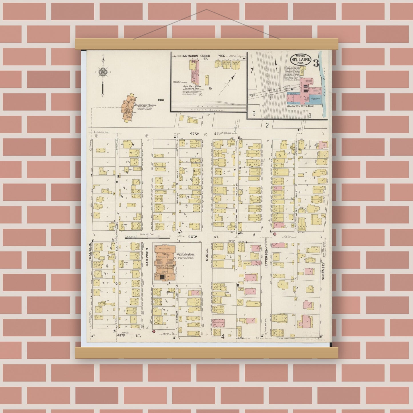 Old map wall art mockup — magnetic wood frame on brick wall — Sanborn Fire Insurance Map from Bellaire, Belmont County, Ohio (1915), Sheet #0003