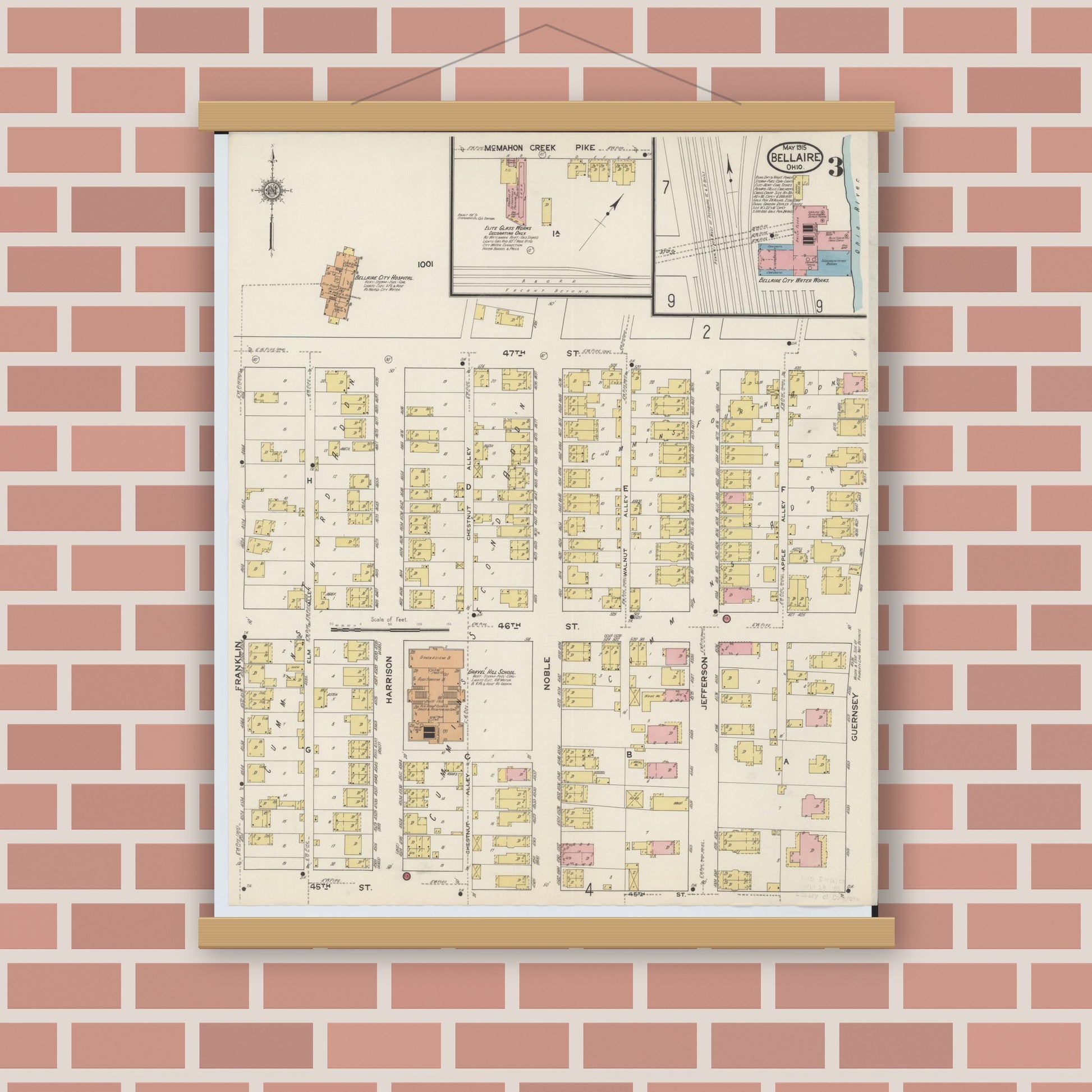 Old map wall art mockup — magnetic wood frame on brick wall — Sanborn Fire Insurance Map from Bellaire, Belmont County, Ohio (1915), Sheet #0003