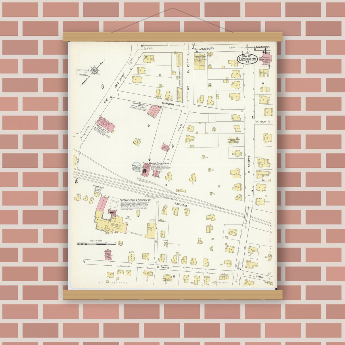 Old map wall art mockup — magnetic wood frame on brick wall — Sanborn Fire Insurance Map from Lexington, Davidson County, North Carolina (1913), Sheet #0004