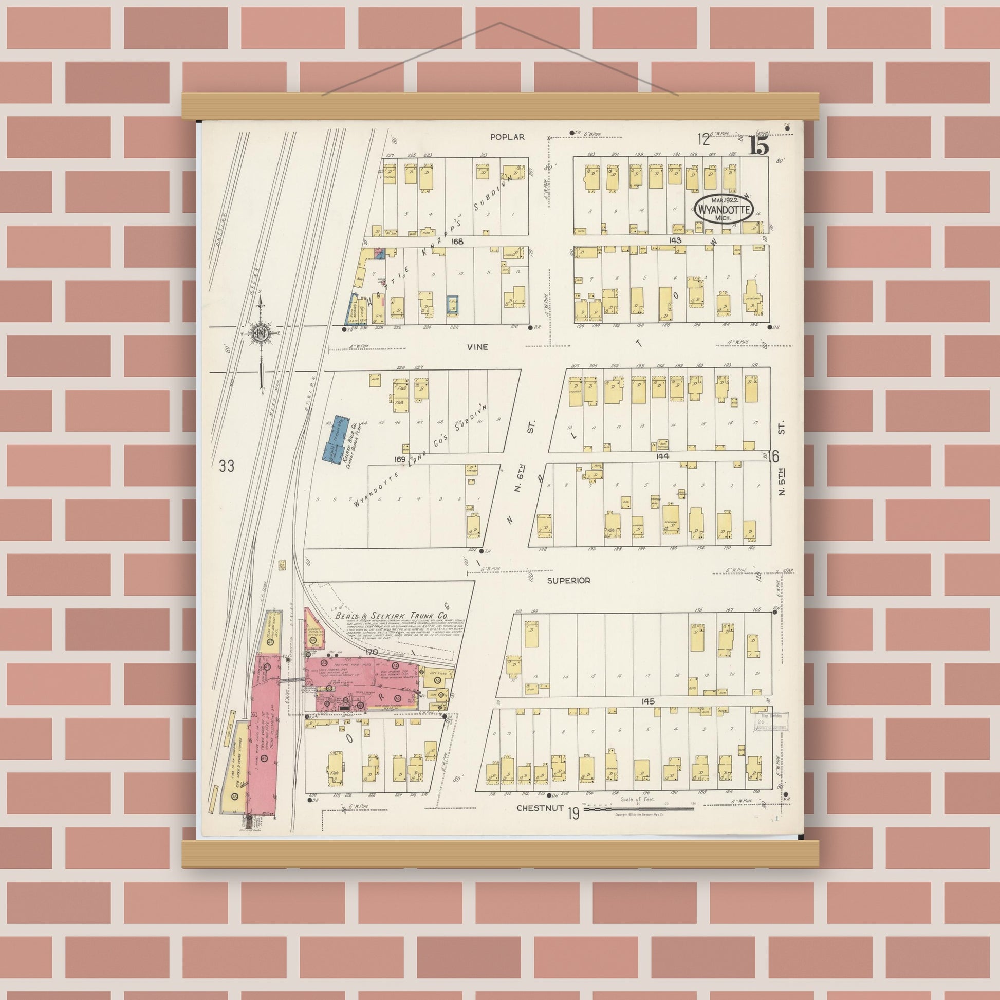 Old map wall art mockup — magnetic wood frame on brick wall — Sanborn Fire Insurance Map from Wyandotte, Wayne County, Michigan (1922), Sheet #0015