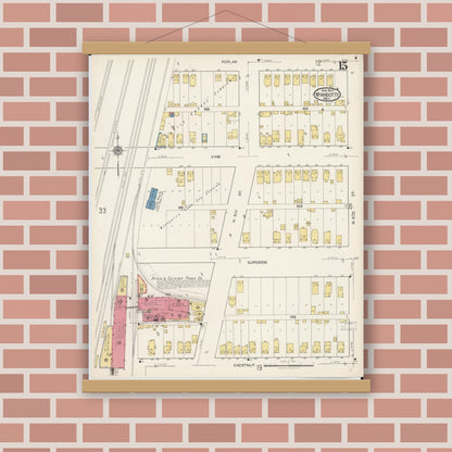 Old map wall art mockup — magnetic wood frame on brick wall — Sanborn Fire Insurance Map from Wyandotte, Wayne County, Michigan (1922), Sheet #0015