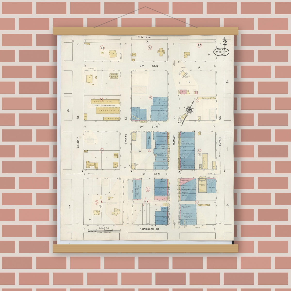 Old map wall art mockup — magnetic wood frame on brick wall — Sanborn Fire Insurance Map from Miles, Runnels County, Texas (1936), Sheet #0002