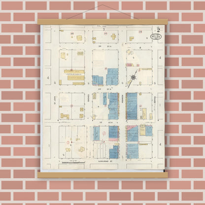 Old map wall art mockup — magnetic wood frame on brick wall — Sanborn Fire Insurance Map from Miles, Runnels County, Texas (1936), Sheet #0002
