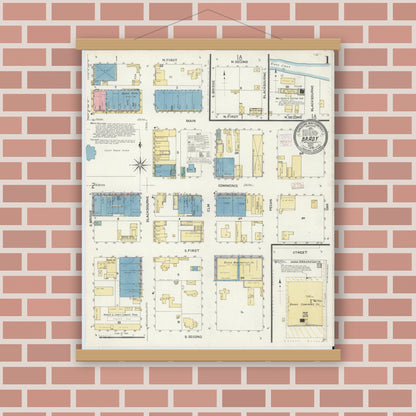 Old map wall art mockup — magnetic wood frame on brick wall — Sanborn Fire Insurance Map from Brady, McCulloch County, Texas (1908), Sheet #0001