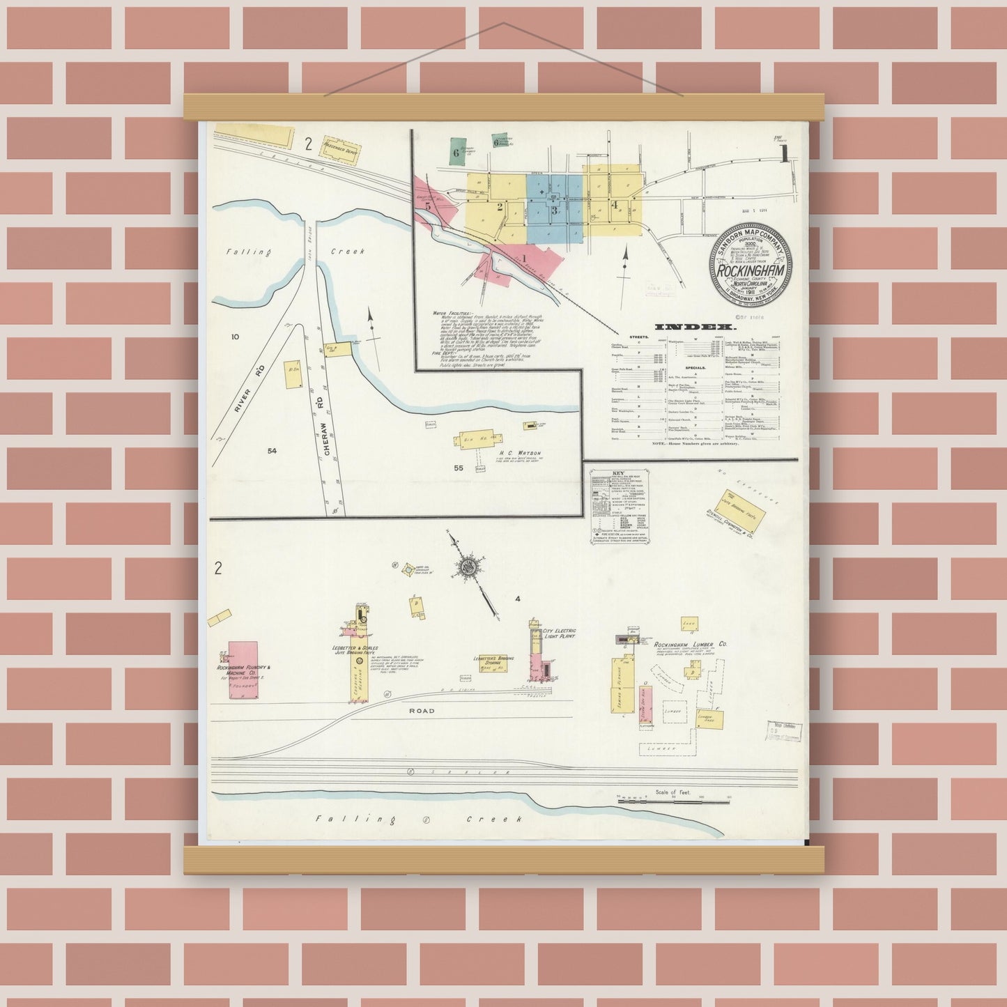 Old map wall art mockup — magnetic wood frame on brick wall — Sanborn Fire Insurance Map from Rockingham, Richmond County, North Carolina (1911), Sheet #0001