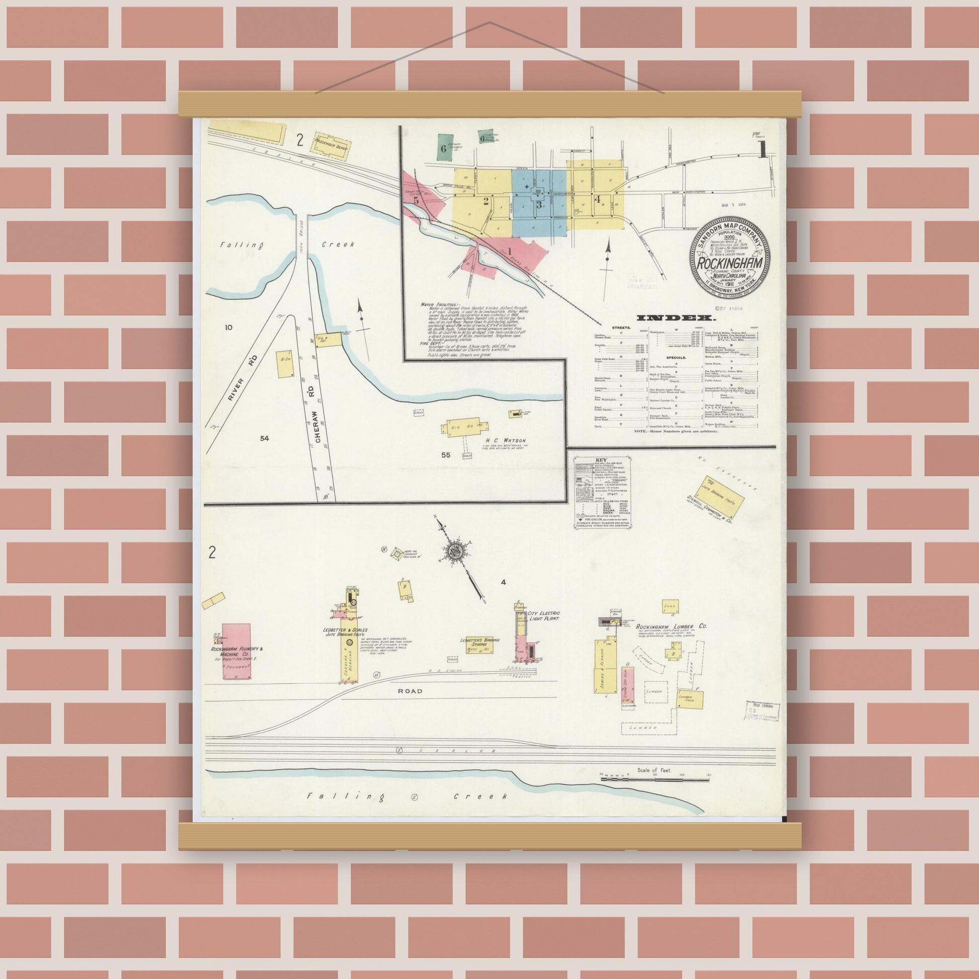 Old map wall art mockup — magnetic wood frame on brick wall — Sanborn Fire Insurance Map from Rockingham, Richmond County, North Carolina (1911), Sheet #0001
