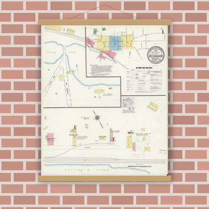 Old map wall art mockup — magnetic wood frame on brick wall — Sanborn Fire Insurance Map from Rockingham, Richmond County, North Carolina (1911), Sheet #0001