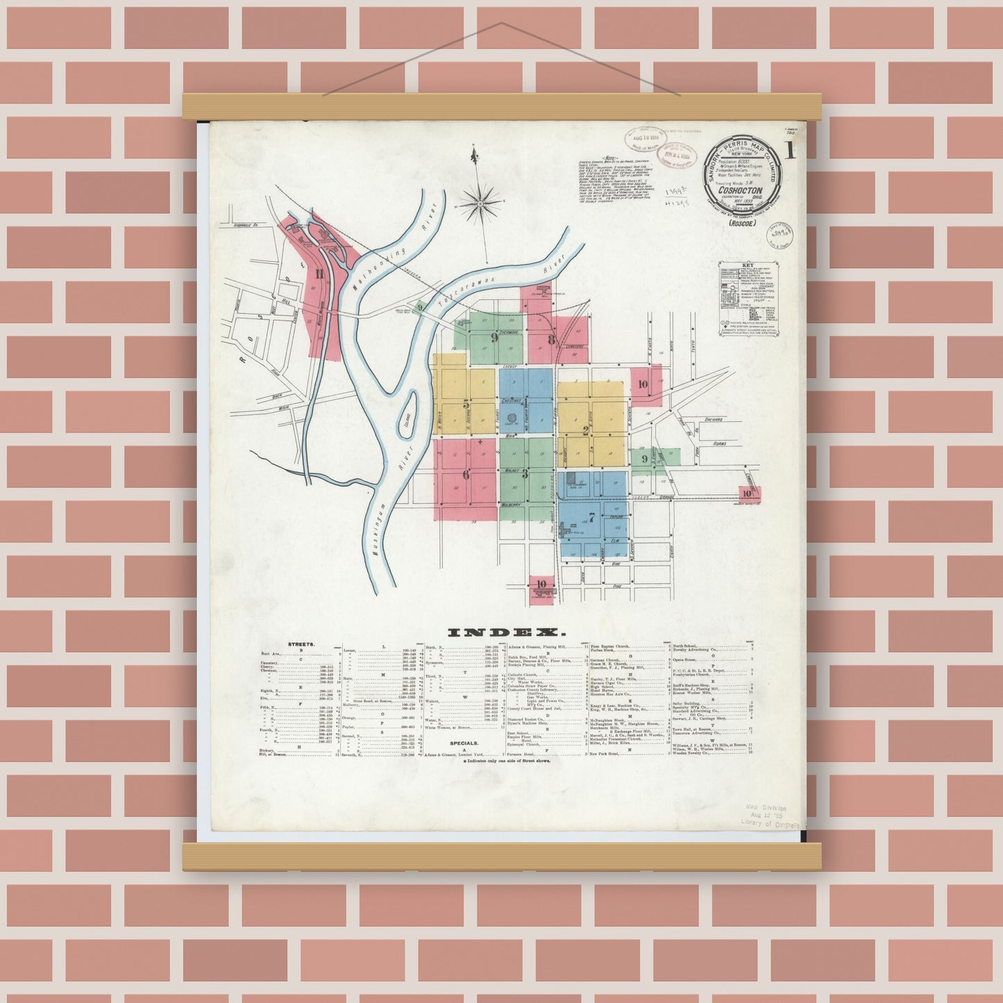 Old map wall art mockup — magnetic wood frame on brick wall — Sanborn Fire Insurance Map from Coshocton, Coshocton County, Ohio (1899), Sheet #0001