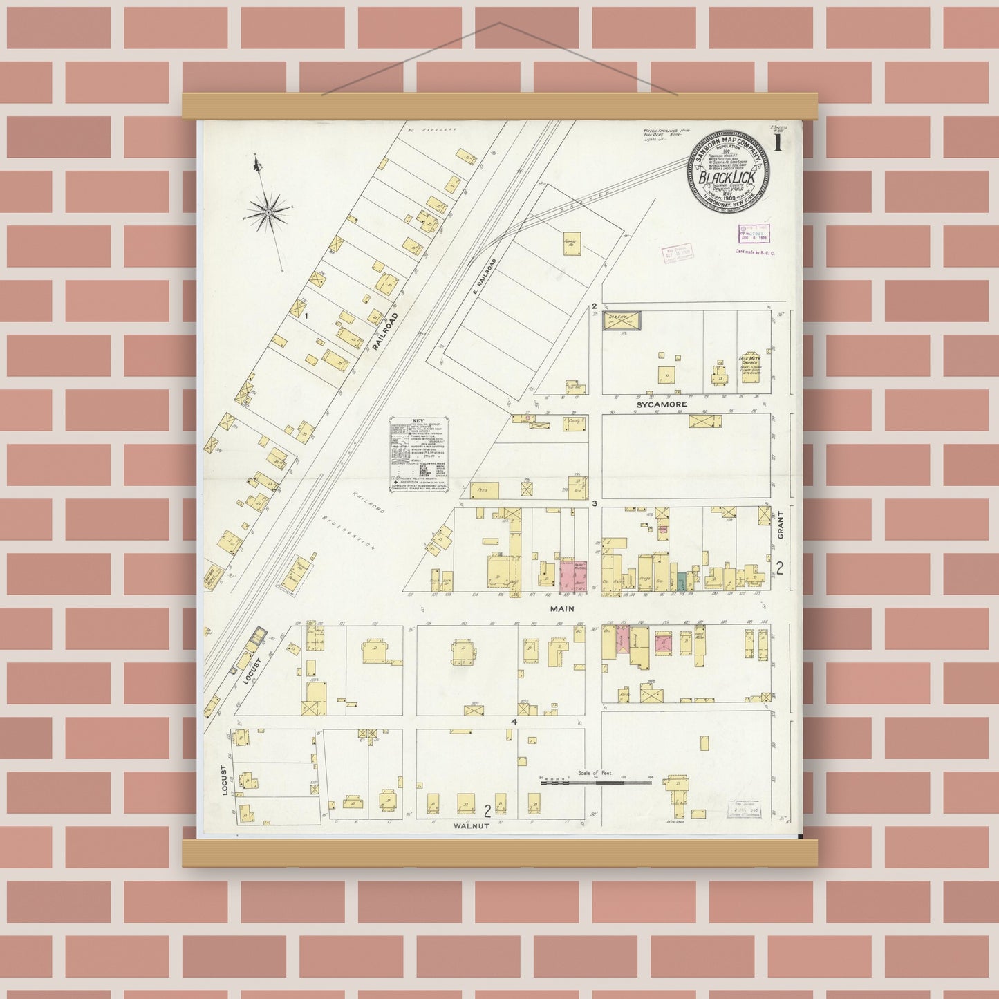 Old map wall art mockup — magnetic wood frame on brick wall — Sanborn Fire Insurance Map from Black Lick, Indiana County, Pennsylvania (1909) - Complete Map Set