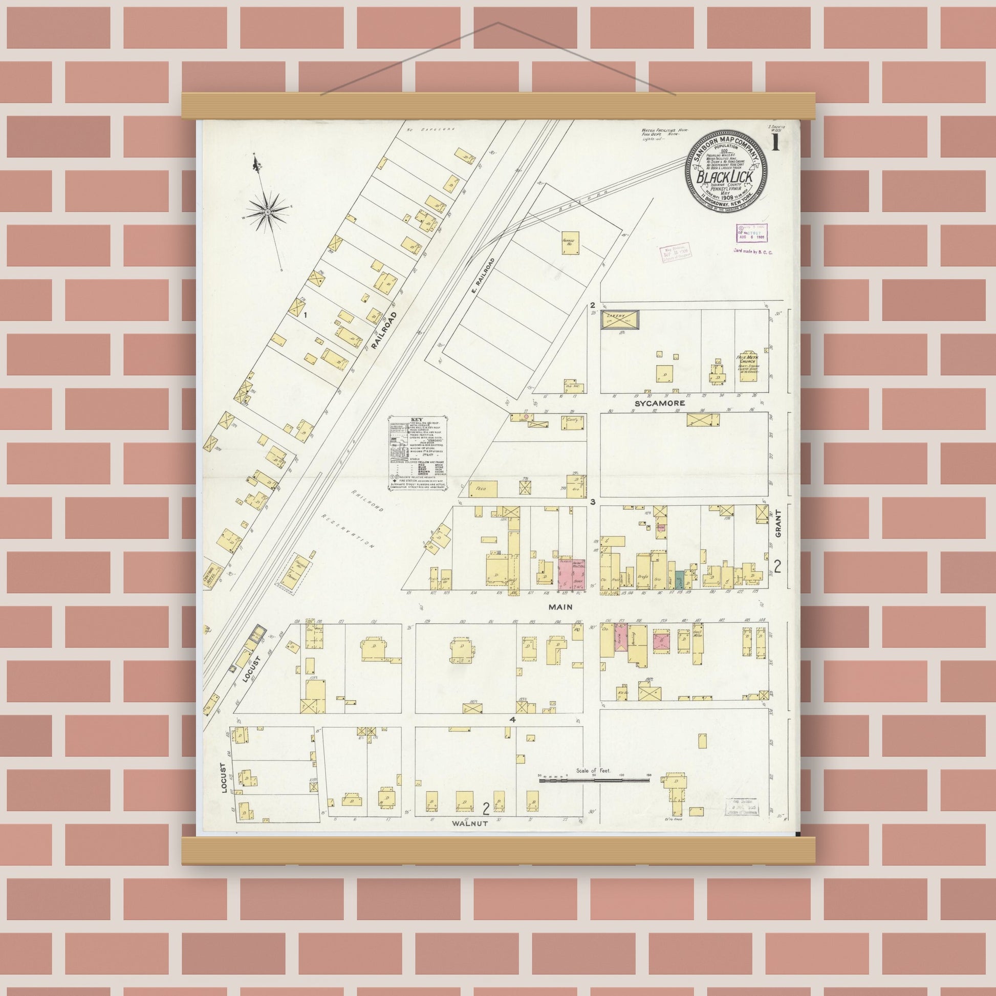 Old map wall art mockup — magnetic wood frame on brick wall — Sanborn Fire Insurance Map from Black Lick, Indiana County, Pennsylvania (1909) - Complete Map Set