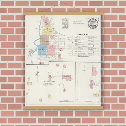 Old map wall art mockup — magnetic wood frame on brick wall — Sanborn Fire Insurance Map from Owatonna, Steele County, Minnesota (1889), Sheet #0001