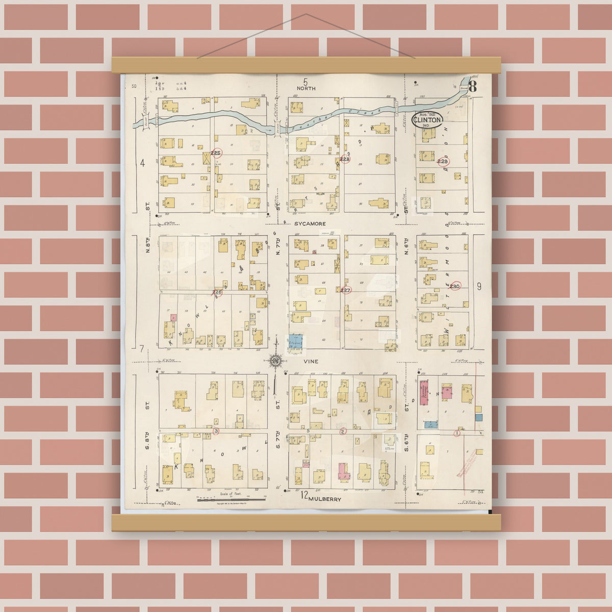 Old map wall art mockup — magnetic wood frame on brick wall — Sanborn Fire Insurance Map from Clinton, Vermillion County, Indiana (1947), Sheet #0008