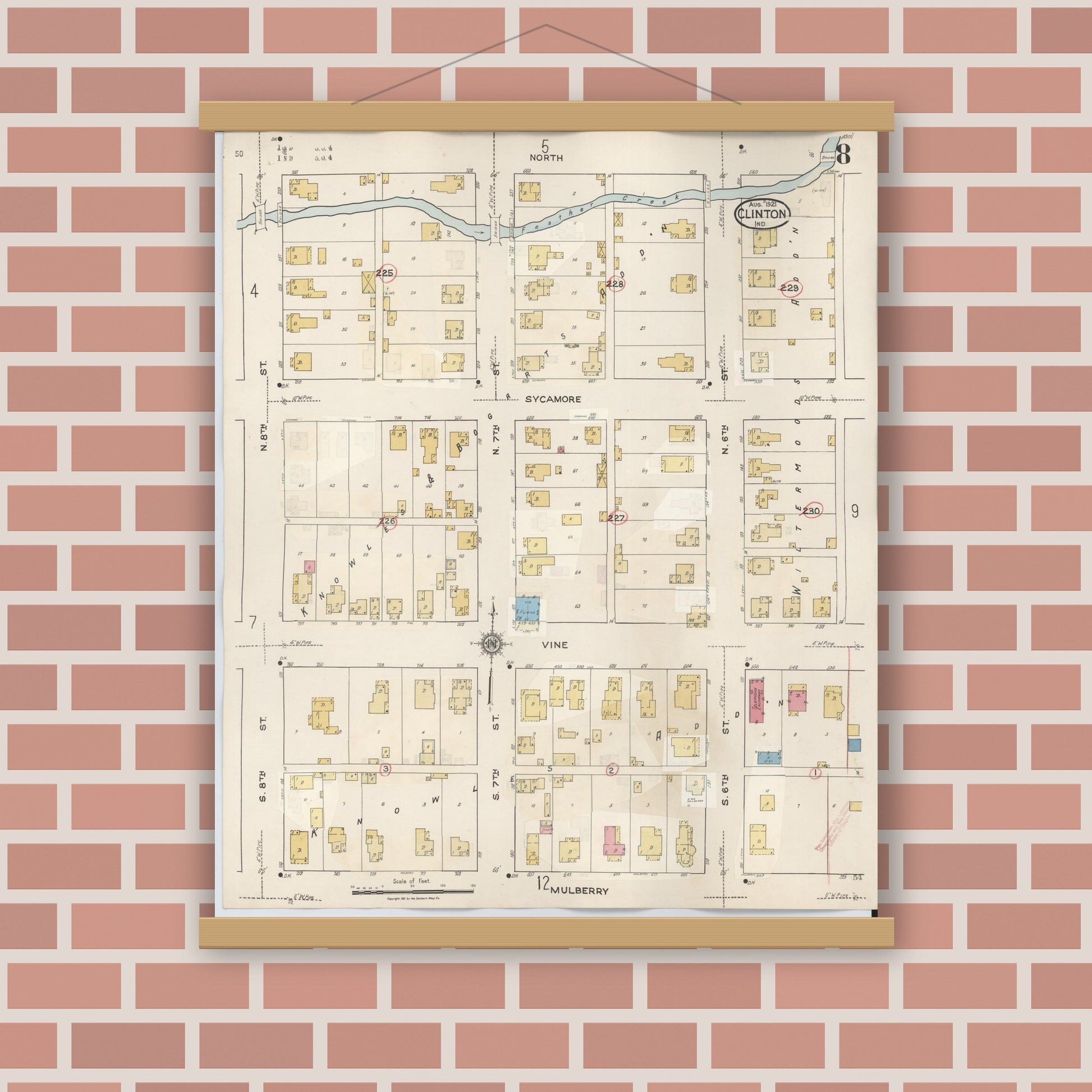 Old map wall art mockup — magnetic wood frame on brick wall — Sanborn Fire Insurance Map from Clinton, Vermillion County, Indiana (1947), Sheet #0008