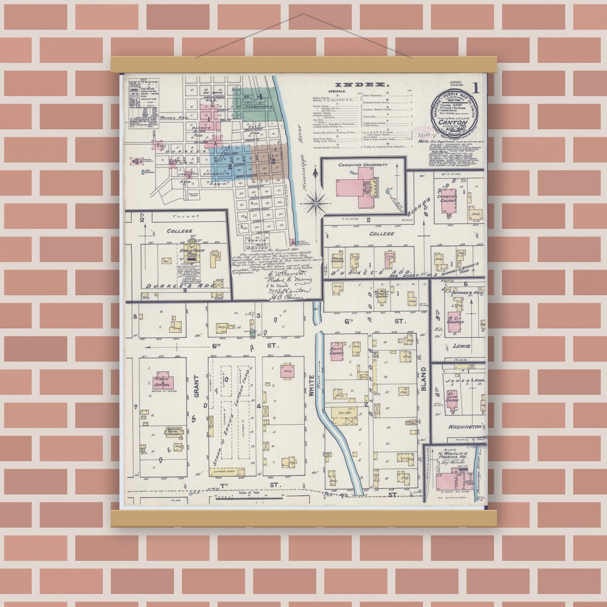 Old map wall art mockup — magnetic wood frame on brick wall — Sanborn Fire Insurance Map from Canton, Lewis County, Missouri (1890) - Complete Map Set