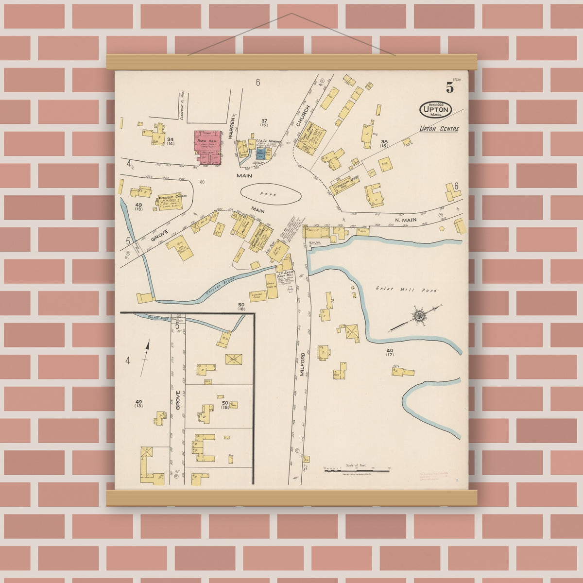 Old map wall art mockup — magnetic wood frame on brick wall — Sanborn Fire Insurance Map from Upton, Worcester County, Massachusetts (1922), Sheet #0005