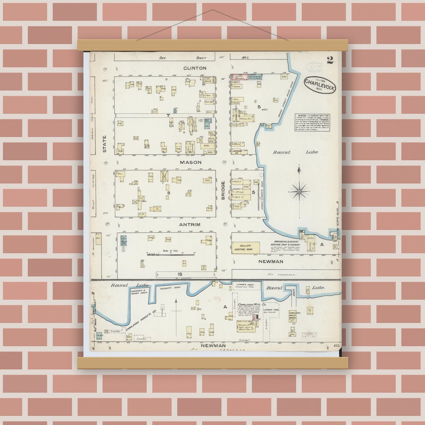 Old map wall art mockup — magnetic wood frame on brick wall — Sanborn Fire Insurance Map from Charlevoix, Charlevoix County, Michigan (1884), Sheet #0002