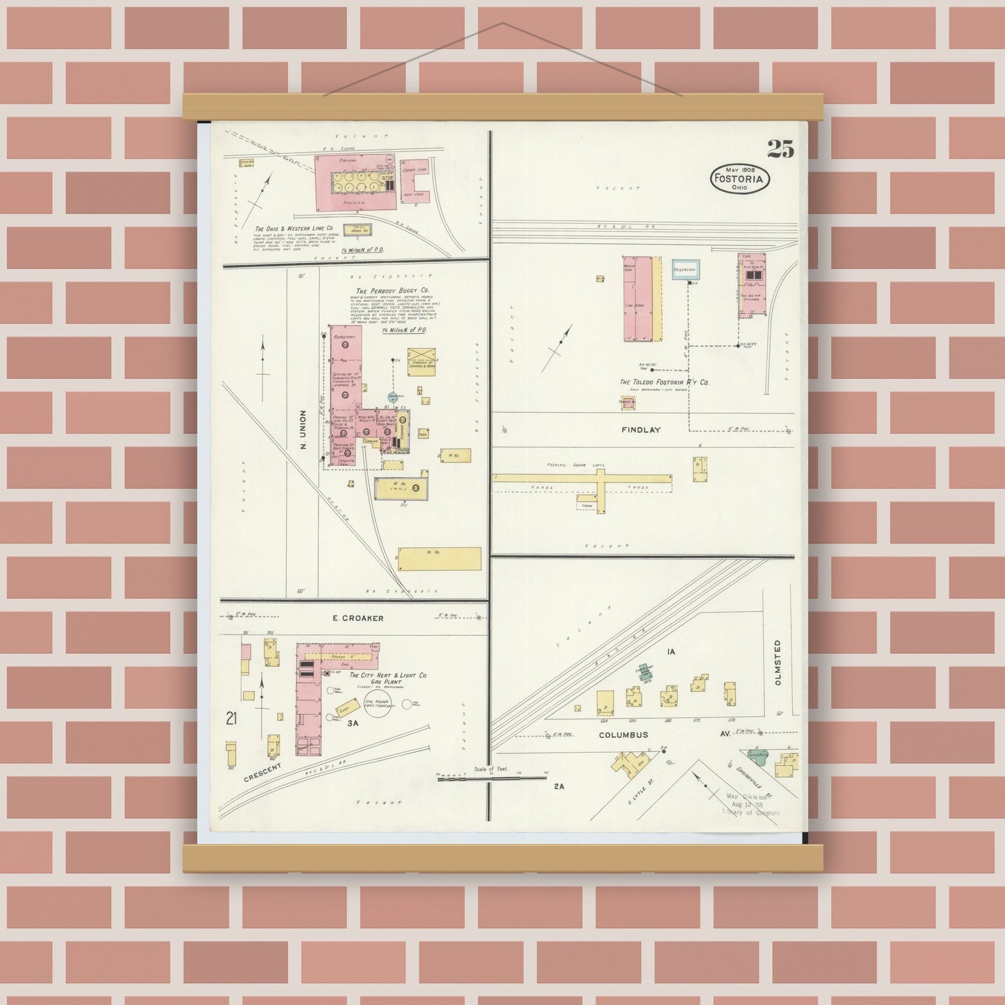 Old map wall art mockup — magnetic wood frame on brick wall — Sanborn Fire Insurance Map from Fostoria, Seneca, Hancock, And Wood Counties, Ohio (1908), Sheet #0025