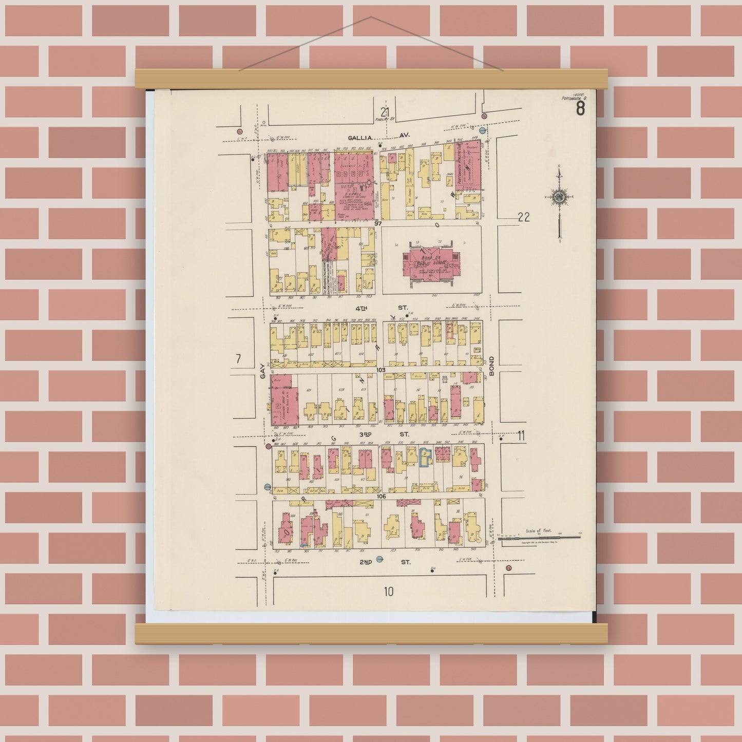 Old map wall art mockup — magnetic wood frame on brick wall — Sanborn Fire Insurance Map from Portsmouth, Scioto County, Ohio (1921), Sheet #0008