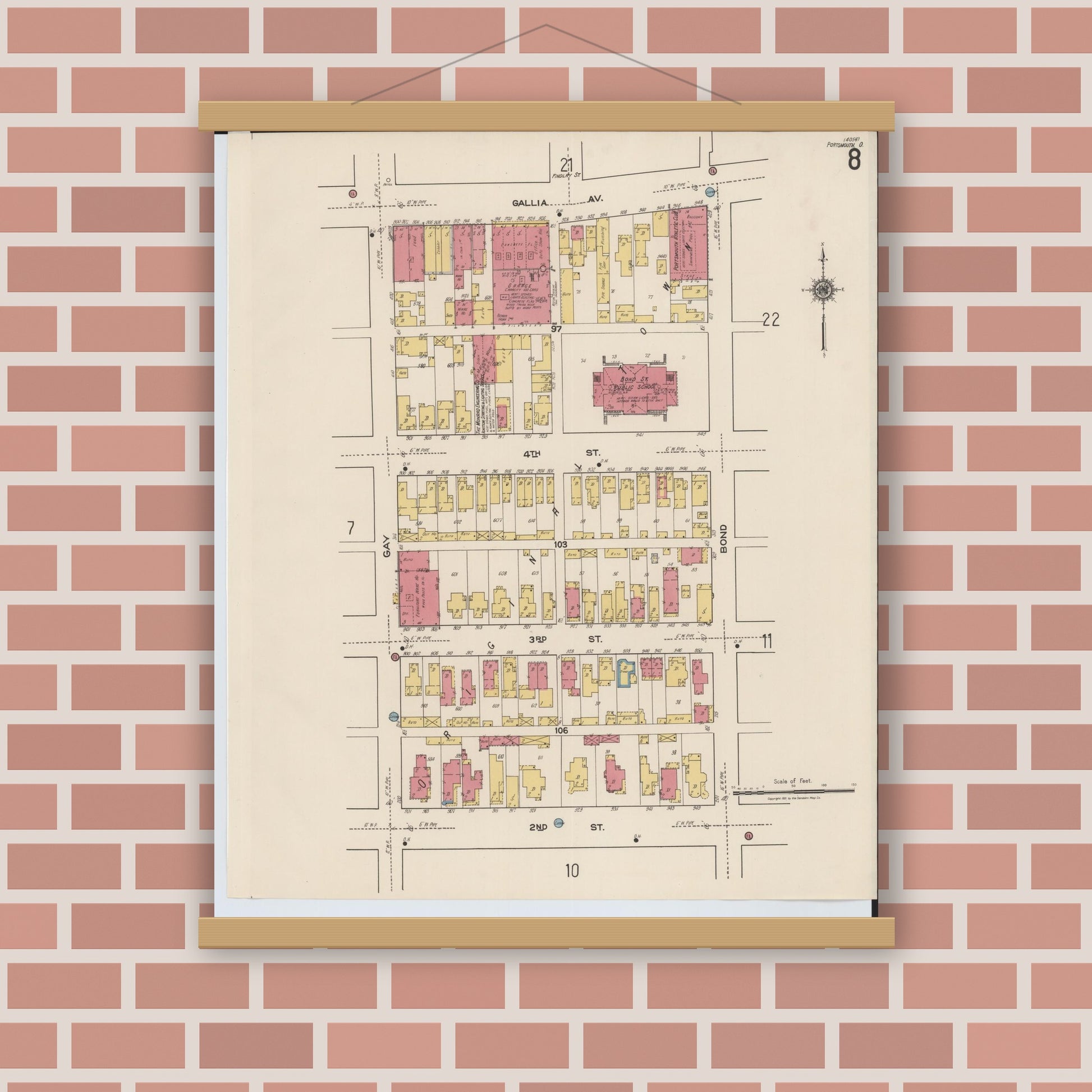 Old map wall art mockup — magnetic wood frame on brick wall — Sanborn Fire Insurance Map from Portsmouth, Scioto County, Ohio (1921), Sheet #0008