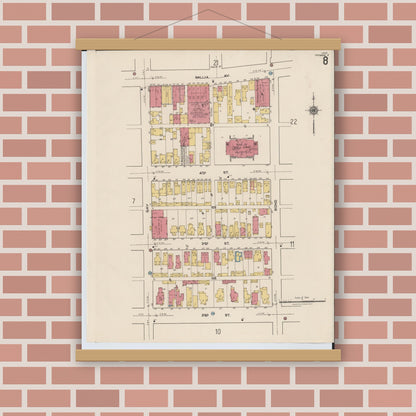 Old map wall art mockup — magnetic wood frame on brick wall — Sanborn Fire Insurance Map from Portsmouth, Scioto County, Ohio (1921), Sheet #0008
