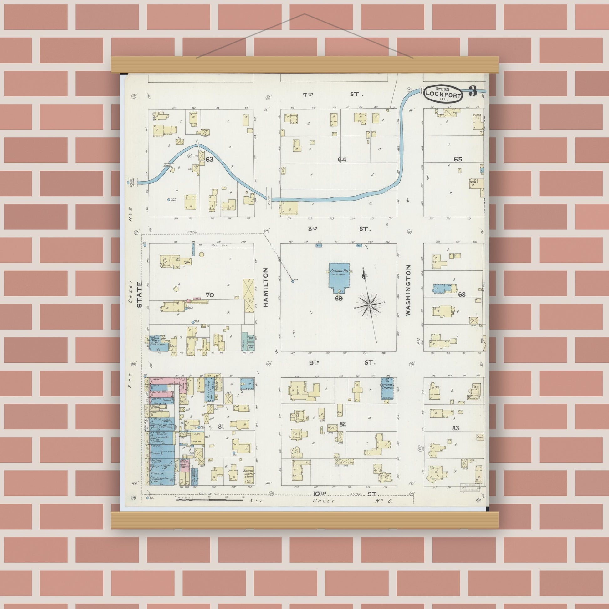 Old map wall art mockup — magnetic wood frame on brick wall — Sanborn Fire Insurance Map from Lockport, Will County, Illinois (1891), Sheet #0003