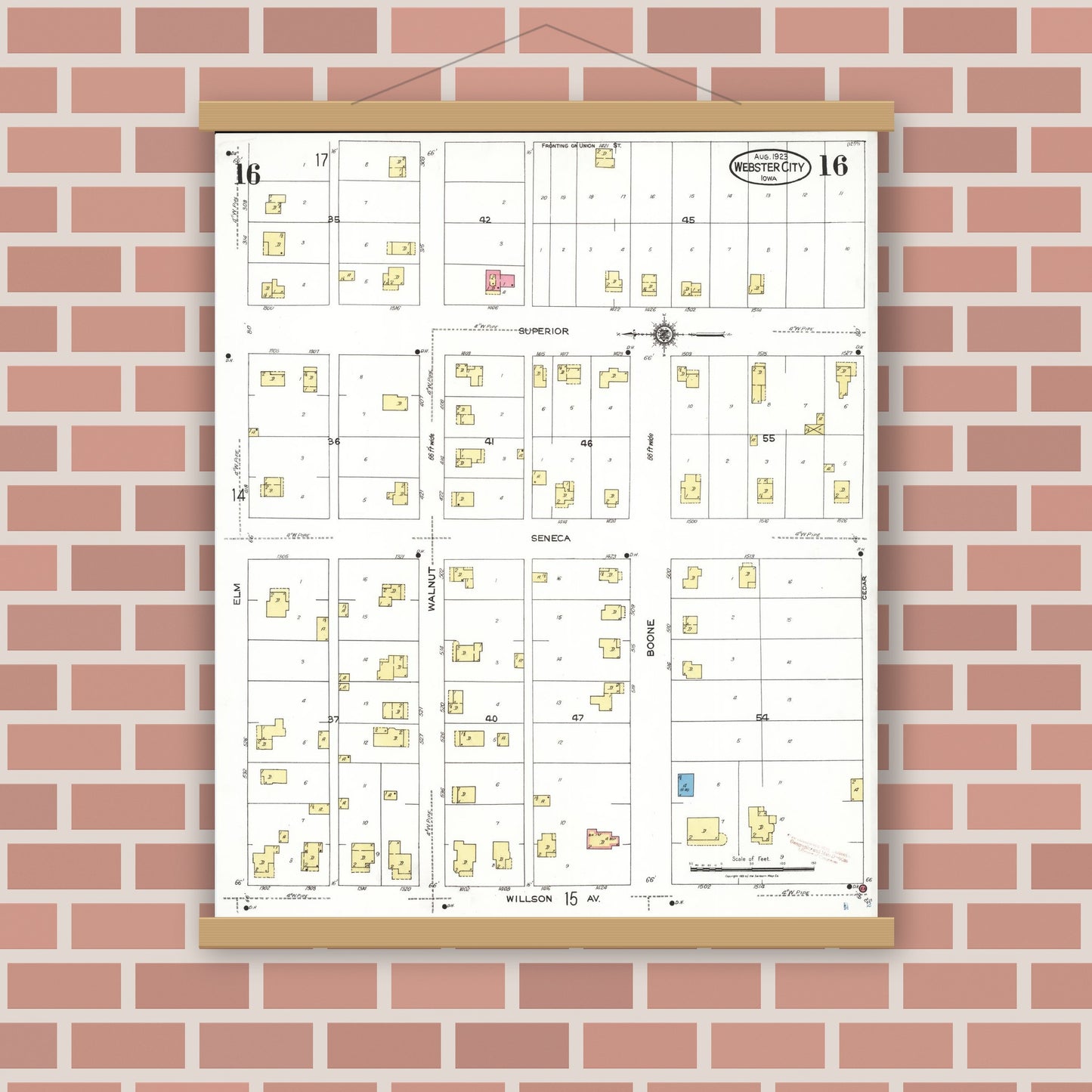Old map wall art mockup — magnetic wood frame on brick wall — Sanborn Fire Insurance Map from Webster City, Hamilton County, Iowa (1923), Sheet #0016