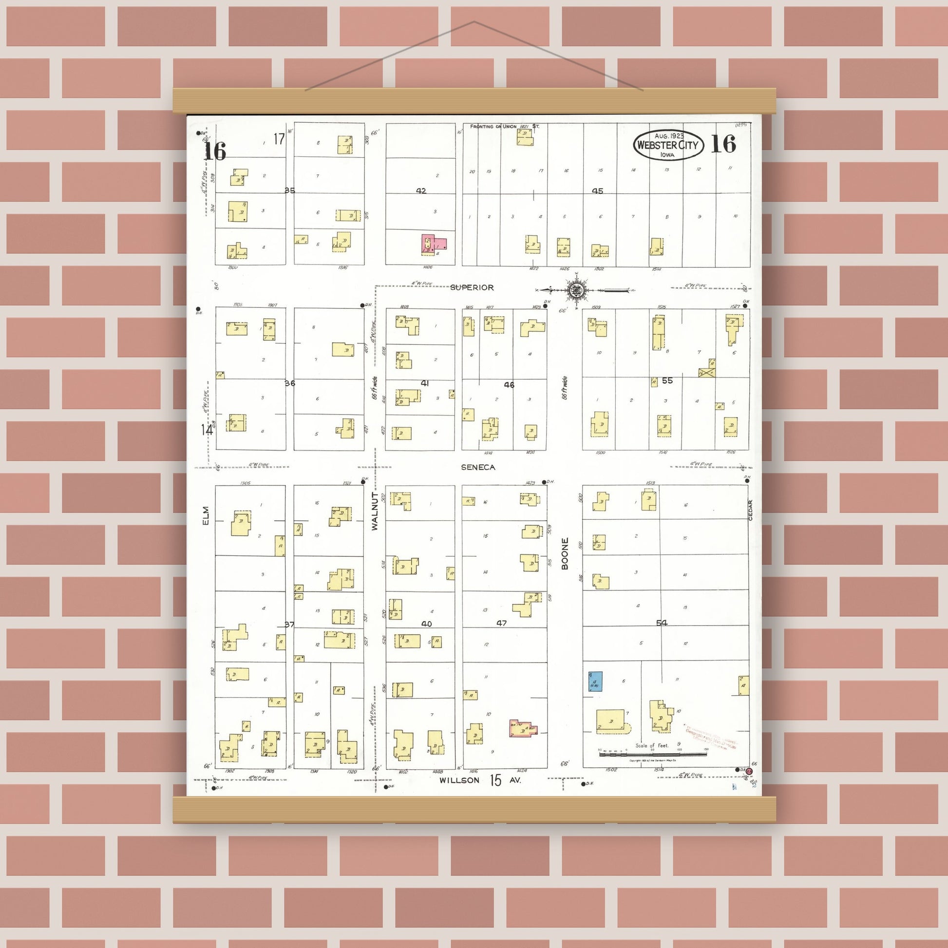 Old map wall art mockup — magnetic wood frame on brick wall — Sanborn Fire Insurance Map from Webster City, Hamilton County, Iowa (1923), Sheet #0016