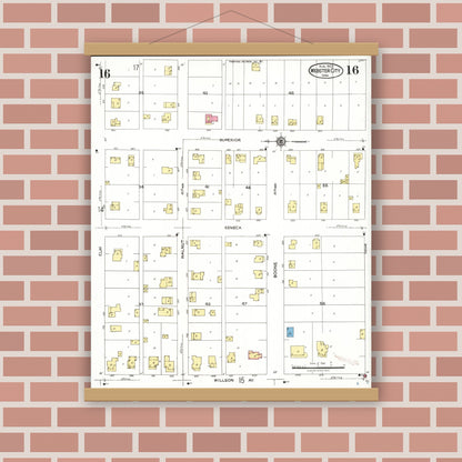 Old map wall art mockup — magnetic wood frame on brick wall — Sanborn Fire Insurance Map from Webster City, Hamilton County, Iowa (1923), Sheet #0016