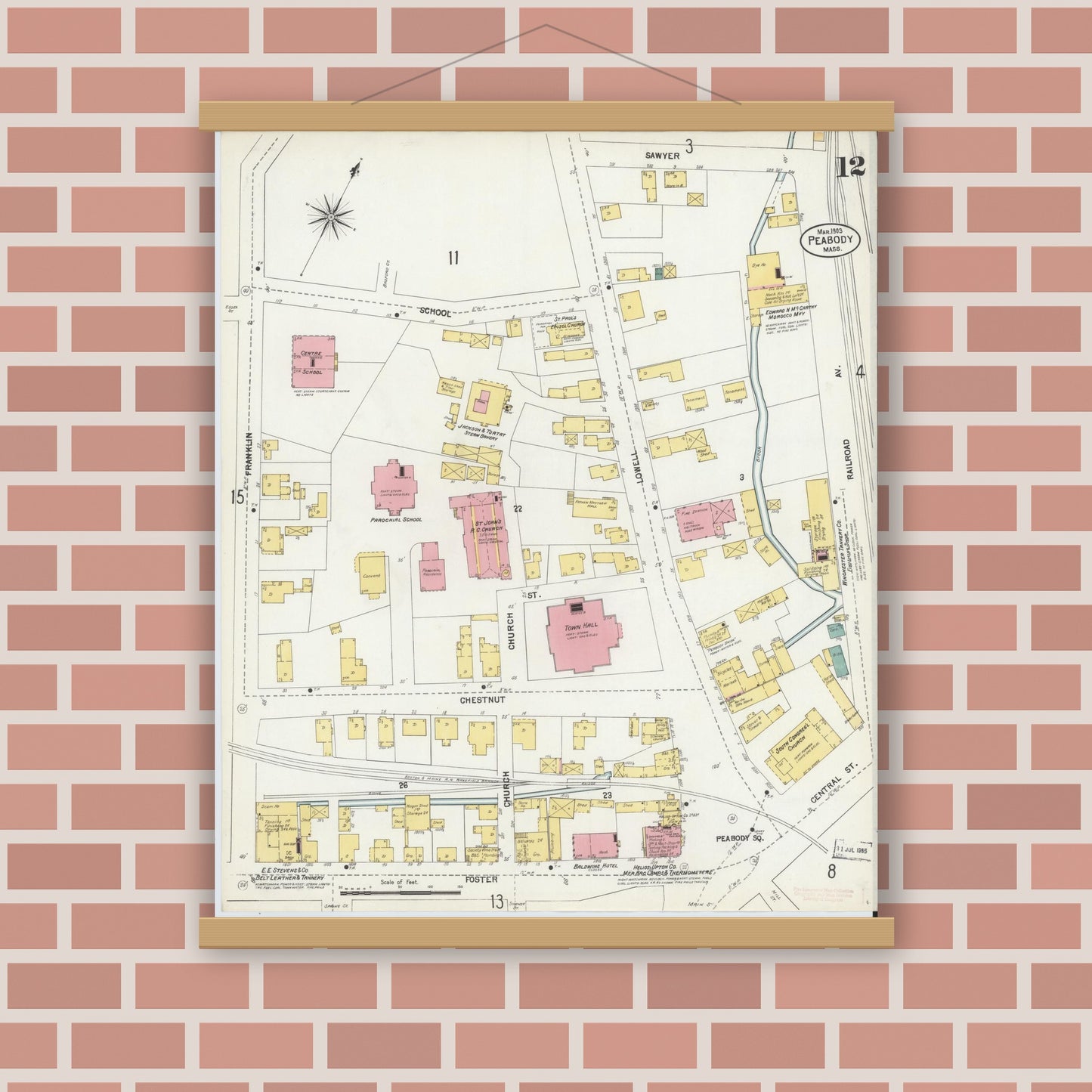 Old map wall art mockup — magnetic wood frame on brick wall — Sanborn Fire Insurance Map from Peabody, Essex County, Massachusetts (1903), Sheet #0012