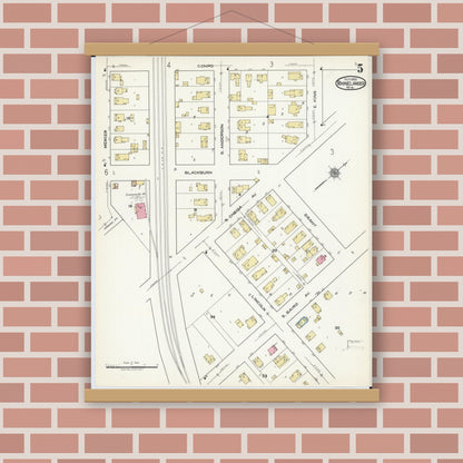 Old map wall art mockup — magnetic wood frame on brick wall — Sanborn Fire Insurance Map from Rhinelander, Oneida County, Wisconsin (1920), Sheet #0005