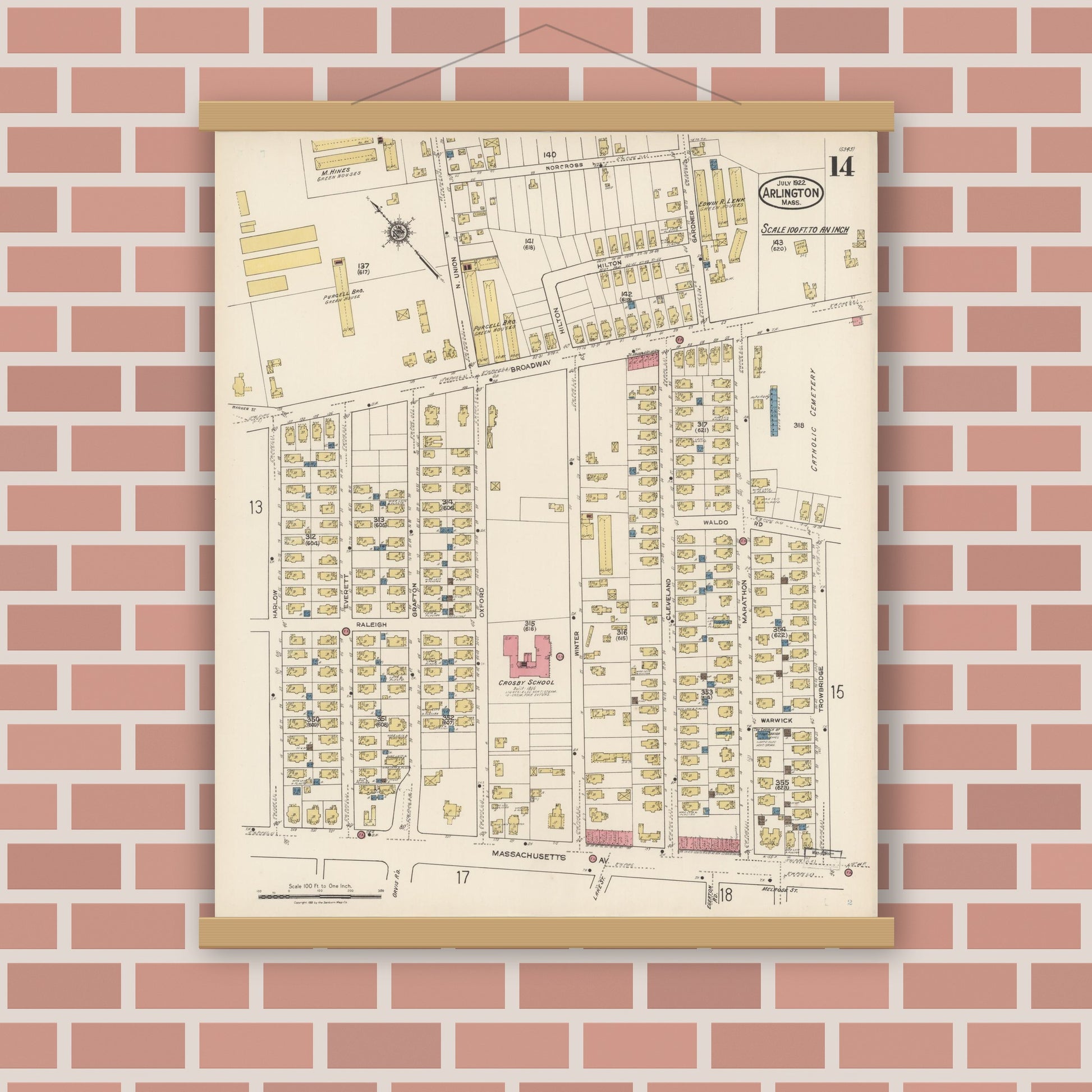 Old map wall art mockup — magnetic wood frame on brick wall — Sanborn Fire Insurance Map from Arlington, Middlesex County, Massachusetts (1922), Sheet #0014