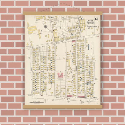 Old map wall art mockup — magnetic wood frame on brick wall — Sanborn Fire Insurance Map from Arlington, Middlesex County, Massachusetts (1922), Sheet #0014