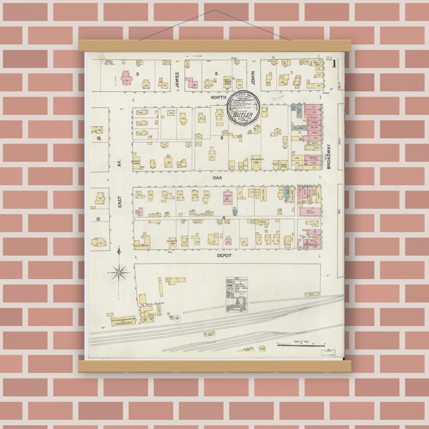 Old map wall art mockup — magnetic wood frame on brick wall — Sanborn Fire Insurance Map from Butler, De Kalb County, Indiana (1890) - Complete Map Set