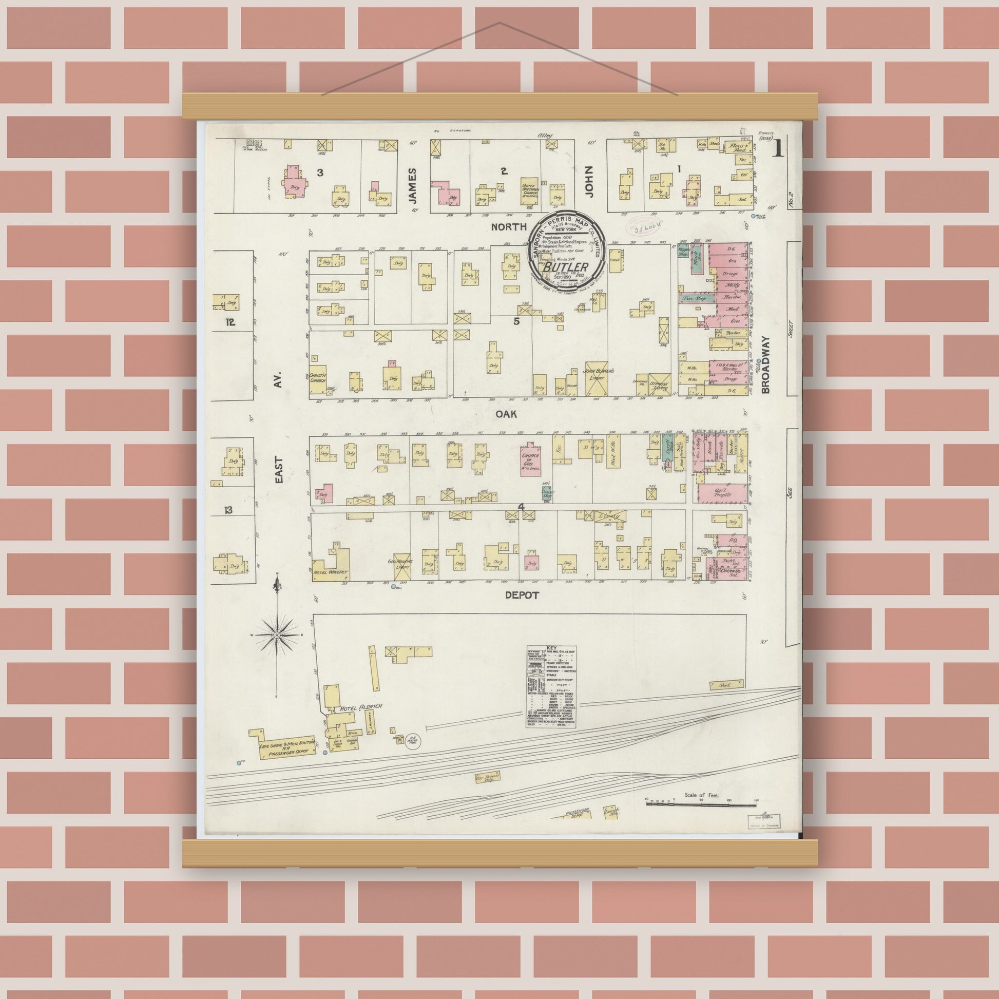 Old map wall art mockup — magnetic wood frame on brick wall — Sanborn Fire Insurance Map from Butler, De Kalb County, Indiana (1890) - Complete Map Set