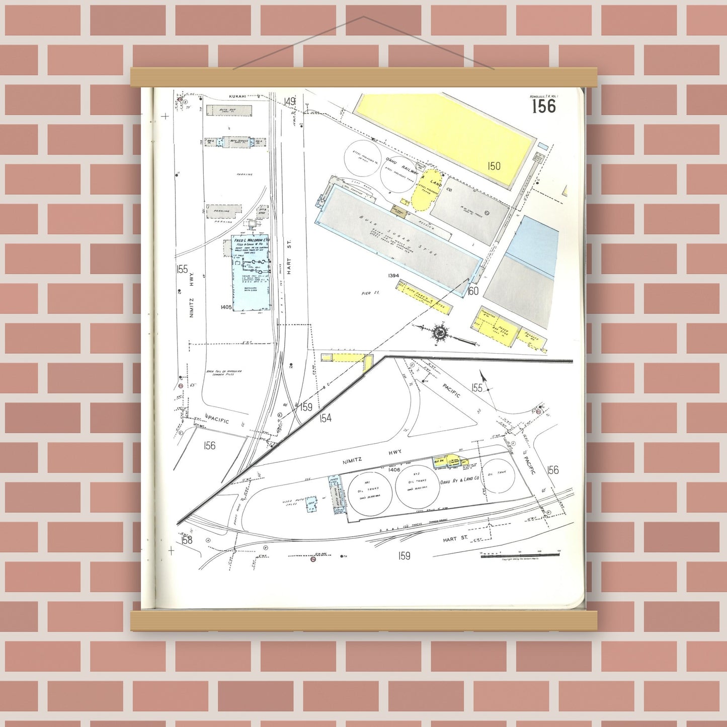 Old map wall art mockup — magnetic wood frame on brick wall — Sanborn Fire Insurance Map from Honolulu, Oahu County, Hawaii (1955), Sheet #0156