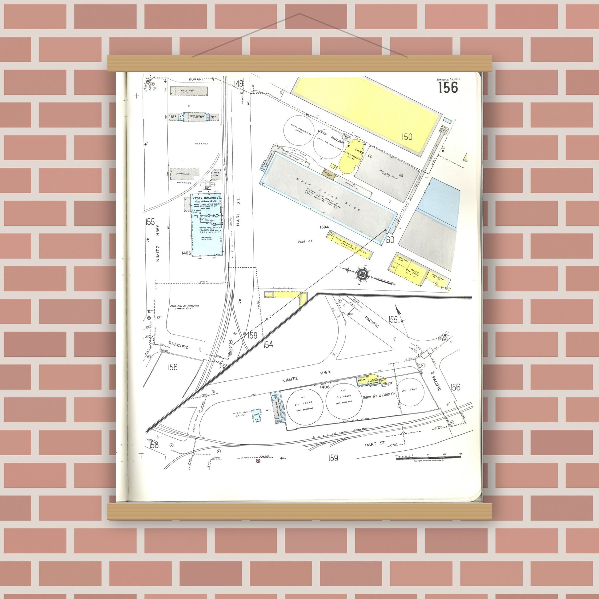 Old map wall art mockup — magnetic wood frame on brick wall — Sanborn Fire Insurance Map from Honolulu, Oahu County, Hawaii (1955), Sheet #0156