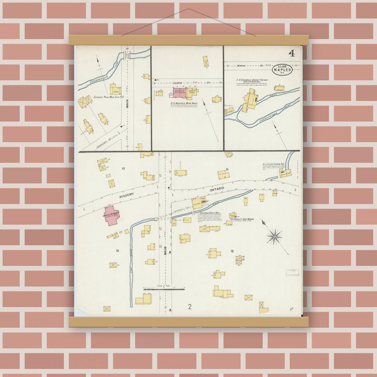 Old map wall art mockup — magnetic wood frame on brick wall — Sanborn Fire Insurance Map from Naples, Ontario County, New York (1898), Sheet #0004