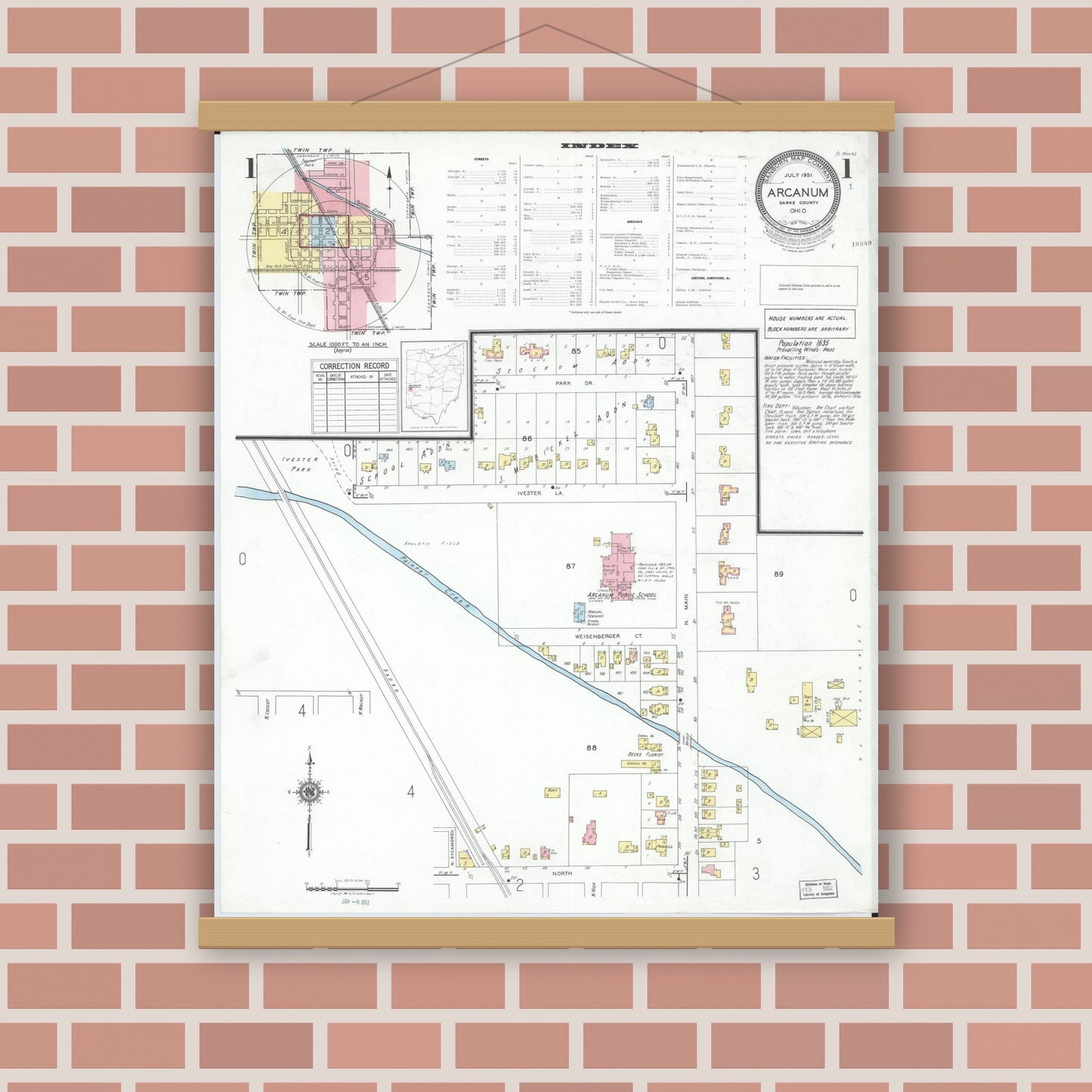 Old map wall art mockup — magnetic wood frame on brick wall — Sanborn Fire Insurance Map from Arcanum, Darke County, Ohio (1951), Sheet #0001