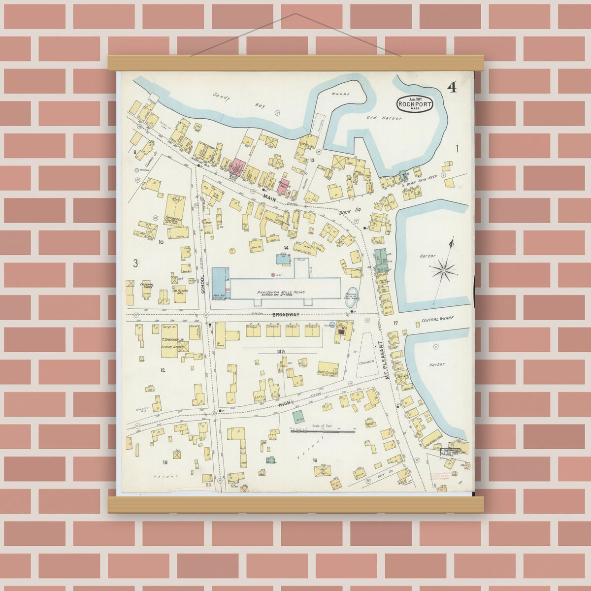 Old map wall art mockup — magnetic wood frame on brick wall — Sanborn Fire Insurance Map from Rockport, Essex County, Massachusetts (1897), Sheet #0004