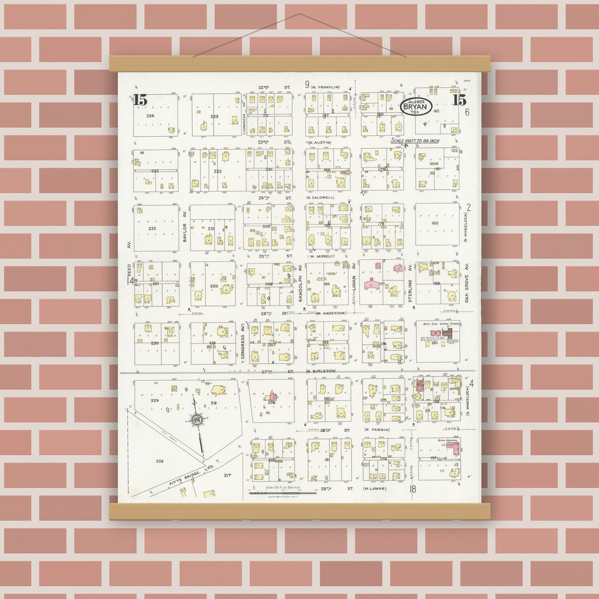 Old map wall art mockup — magnetic wood frame on brick wall — Sanborn Fire Insurance Map from Bryan, Brazos County, Texas (1925), Sheet #0015