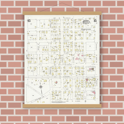 Old map wall art mockup — magnetic wood frame on brick wall — Sanborn Fire Insurance Map from Bryan, Brazos County, Texas (1925), Sheet #0015