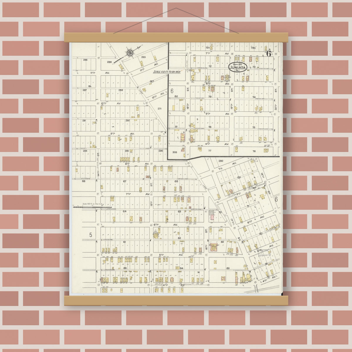 Old map wall art mockup — magnetic wood frame on brick wall — Sanborn Fire Insurance Map from Juniata, Blair County, Pennsylvania (1915), Sheet #0006
